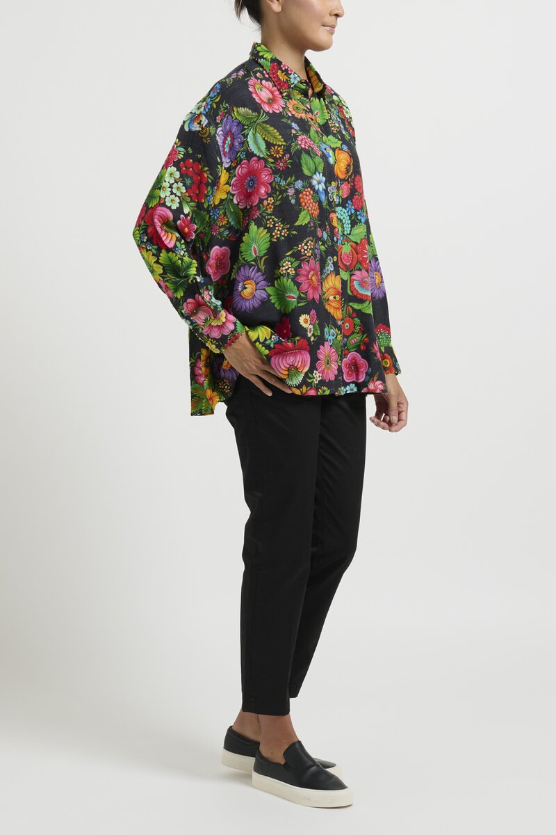 Péro Wool A Line Simple Shirt in Black Floral	