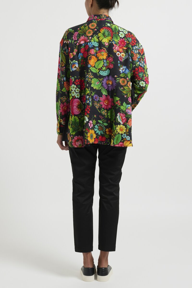 Péro Wool A Line Simple Shirt in Black Floral	