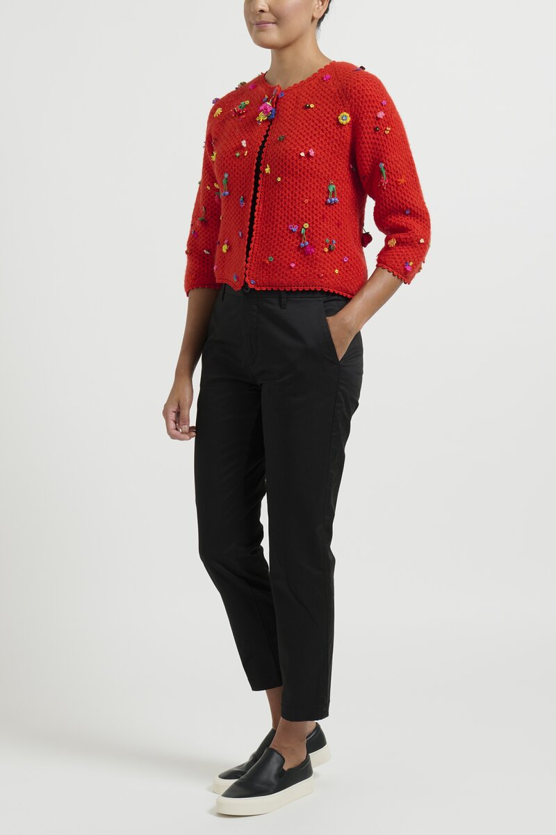 Péro Flower and Fruit Embellished Hand Knit Wool Cardigan in Red Orange	