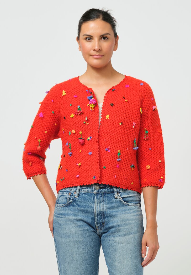 Péro Flower and Fruit Embellished Hand Knit Wool Cardigan in Red Orange	