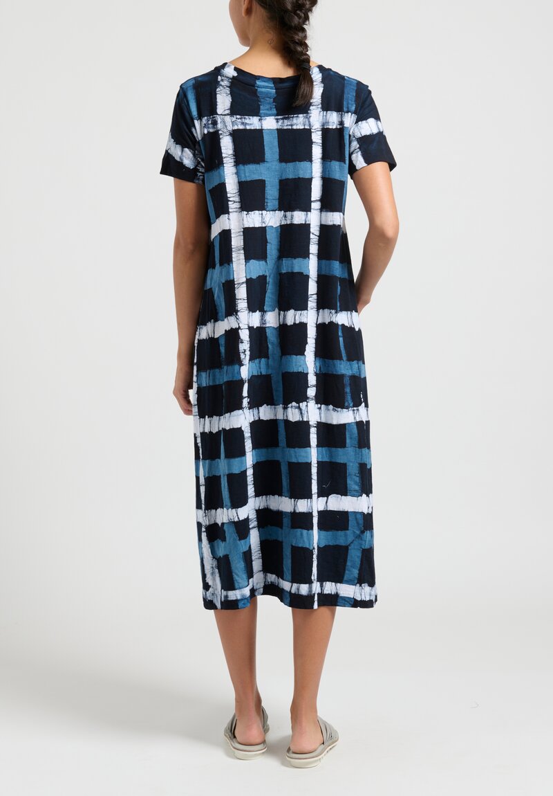 Gilda Midani Pattern Dyed Short Sleeve Maria Dress in Chess Blue, Last Blue and White