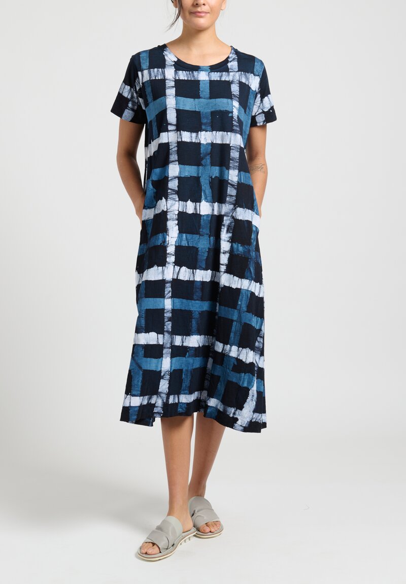 Gilda Midani Pattern Dyed Short Sleeve Maria Dress in Chess Blue, Last Blue and White