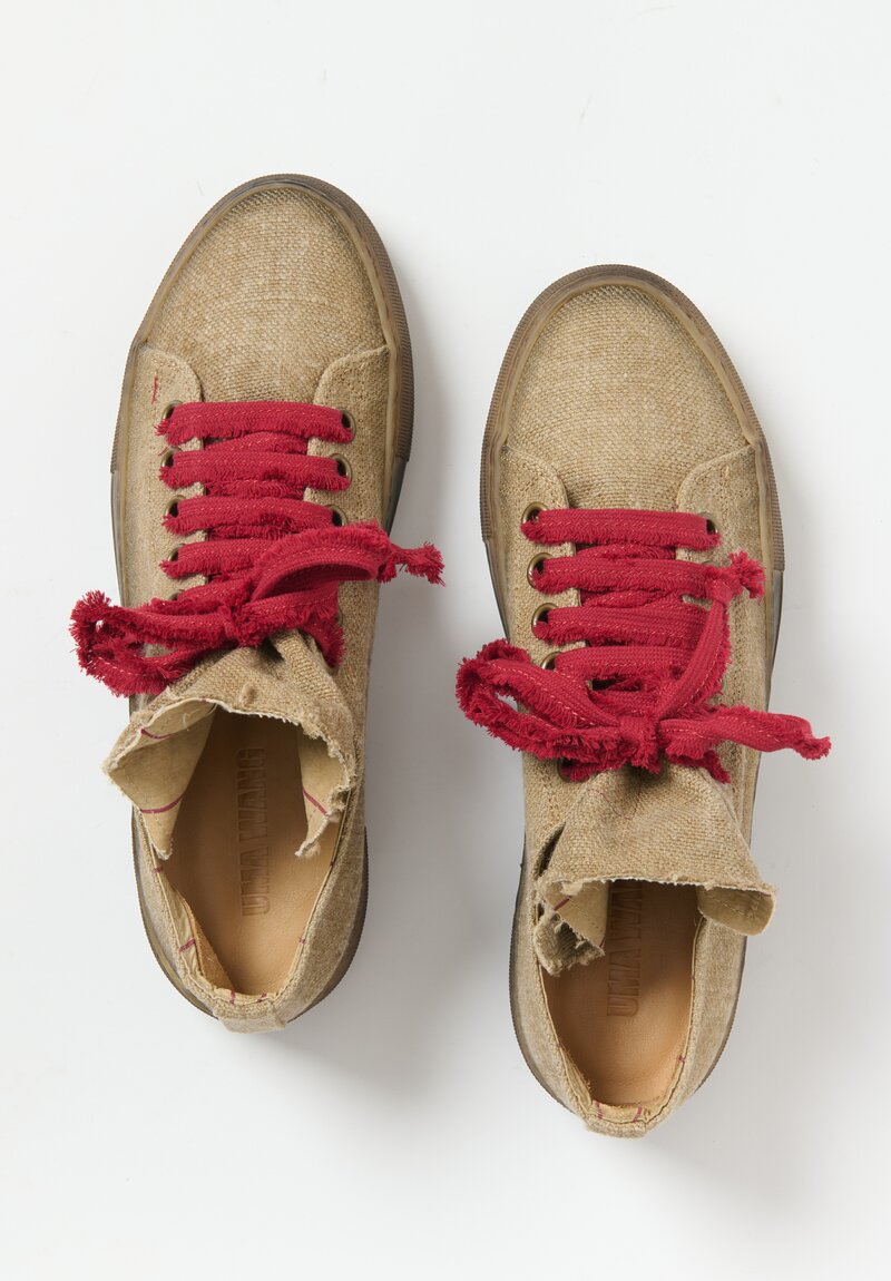 Uma Wang Linen Sneakers in Tan with Red Laces	