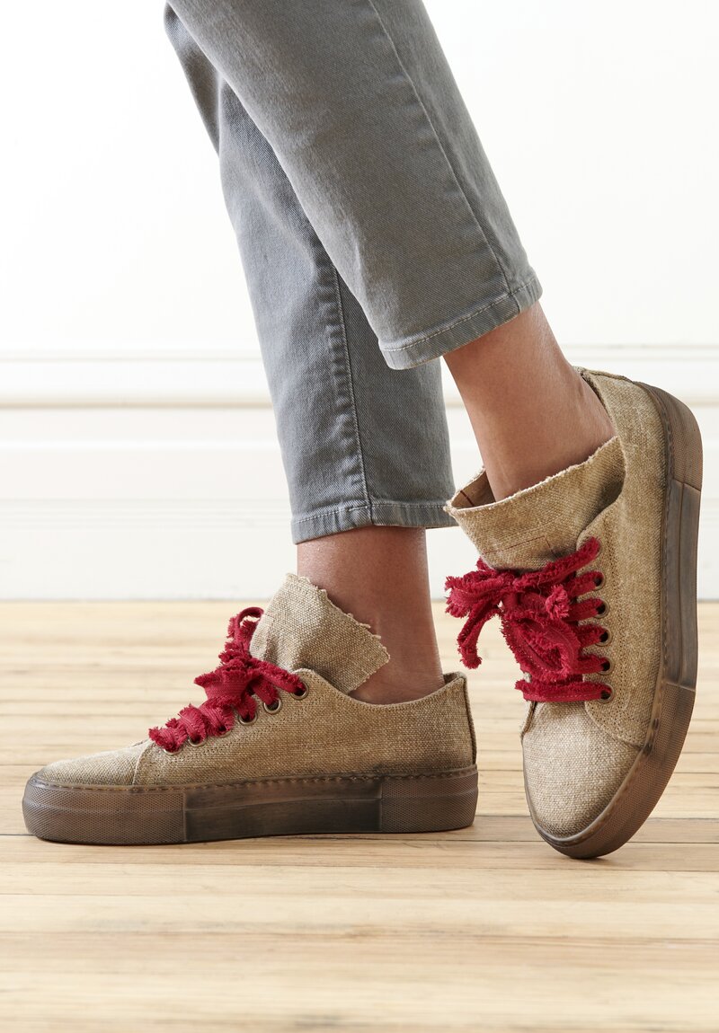 Uma Wang Linen Sneakers in Tan with Red Laces	