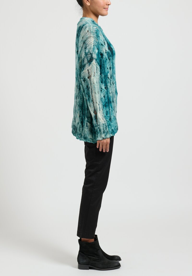 Avant Toi Hand Painted Cashmere Slik Loose Cable Knit Sweater in Teal