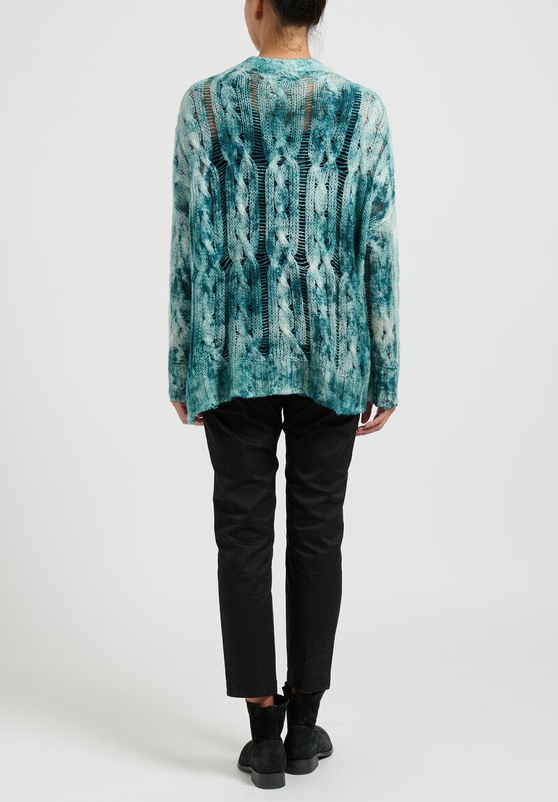 Avant Toi Hand Painted Cashmere Slik Loose Cable Knit Sweater in Teal