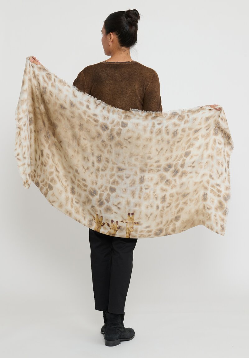 Alonpi Cashmere and Silk ''Giraffe'' Printed Scarf in Ivory Brown 