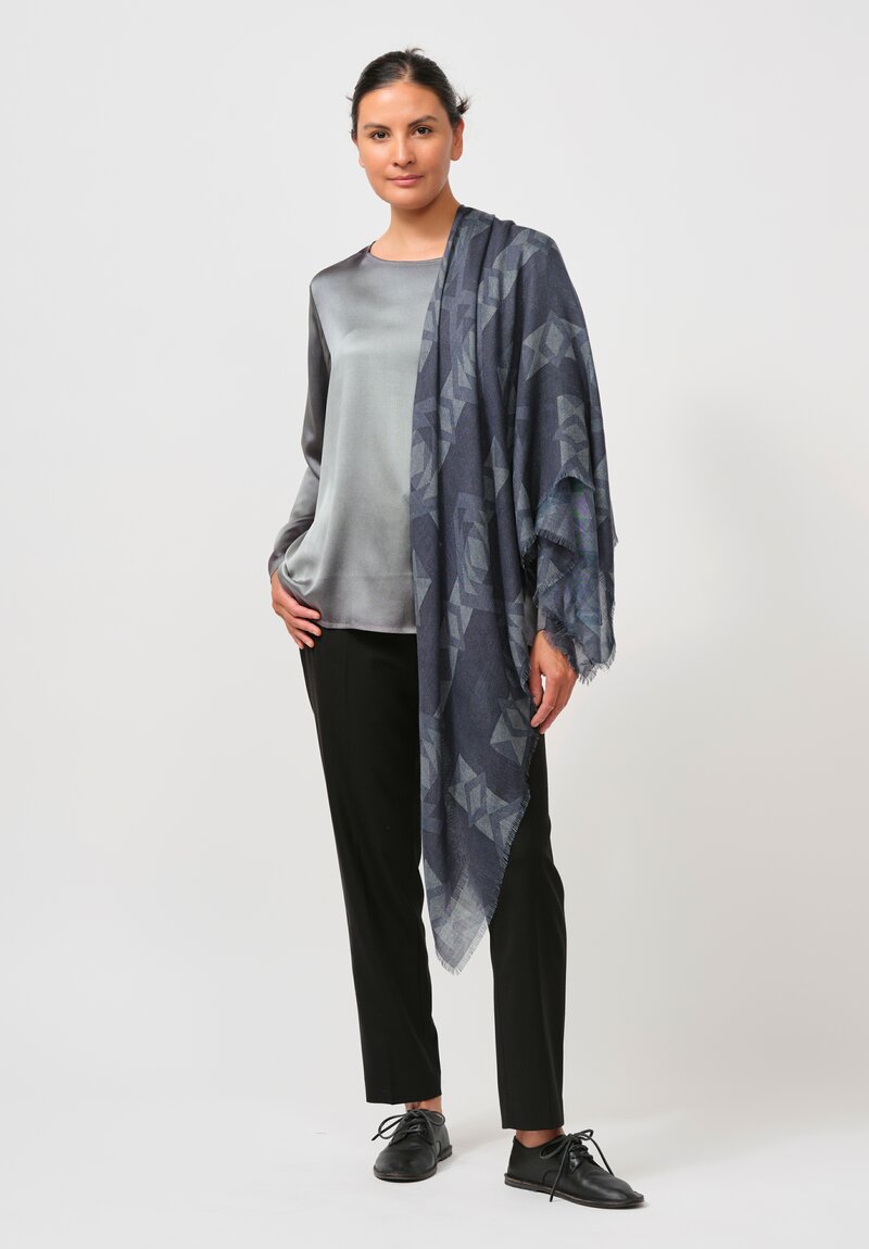 Alonpi Cashmere Square Printed Scarf in Steel Blue	