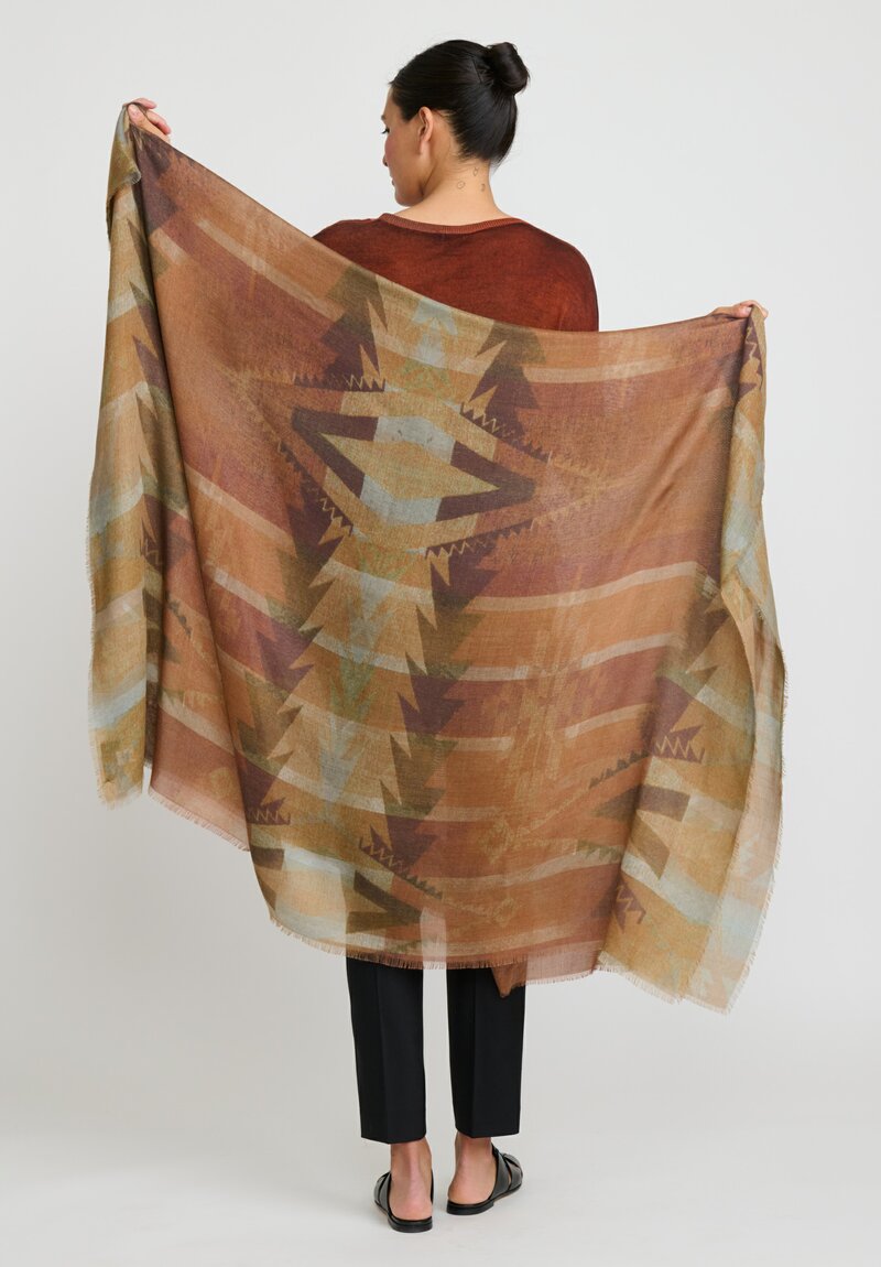 Alonpi Large Cashmere Silk Printed Scarf in Brown & Blue