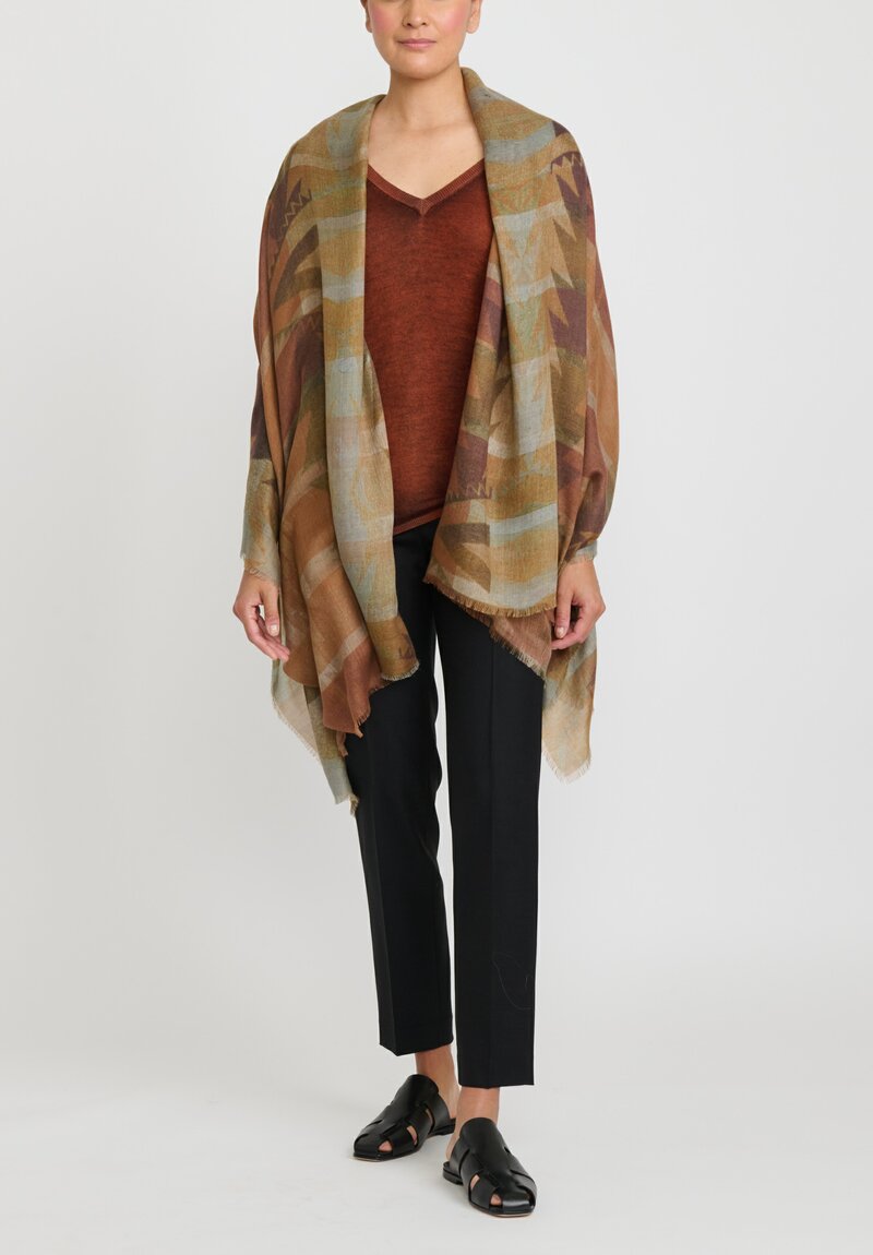 Alonpi Large Cashmere Silk Printed Scarf in Brown & Blue