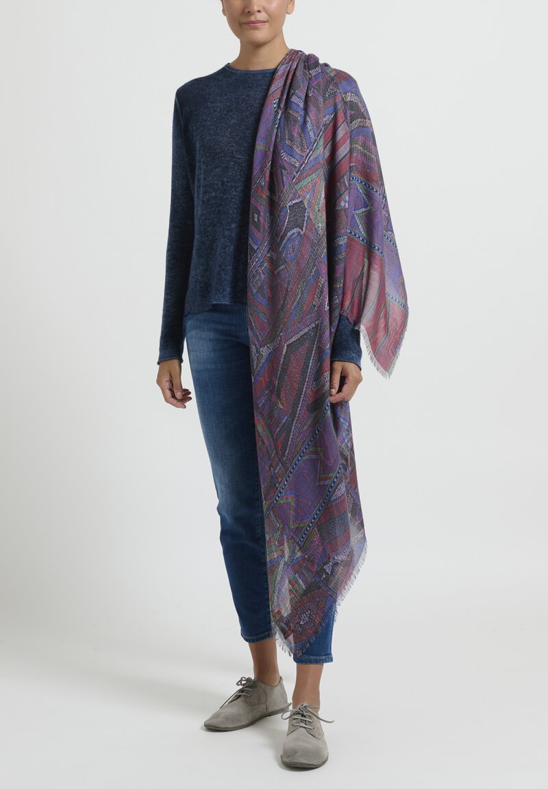 Alonpi Cashmere and Silk Diamond Multi-Print Scarf in Blue and 