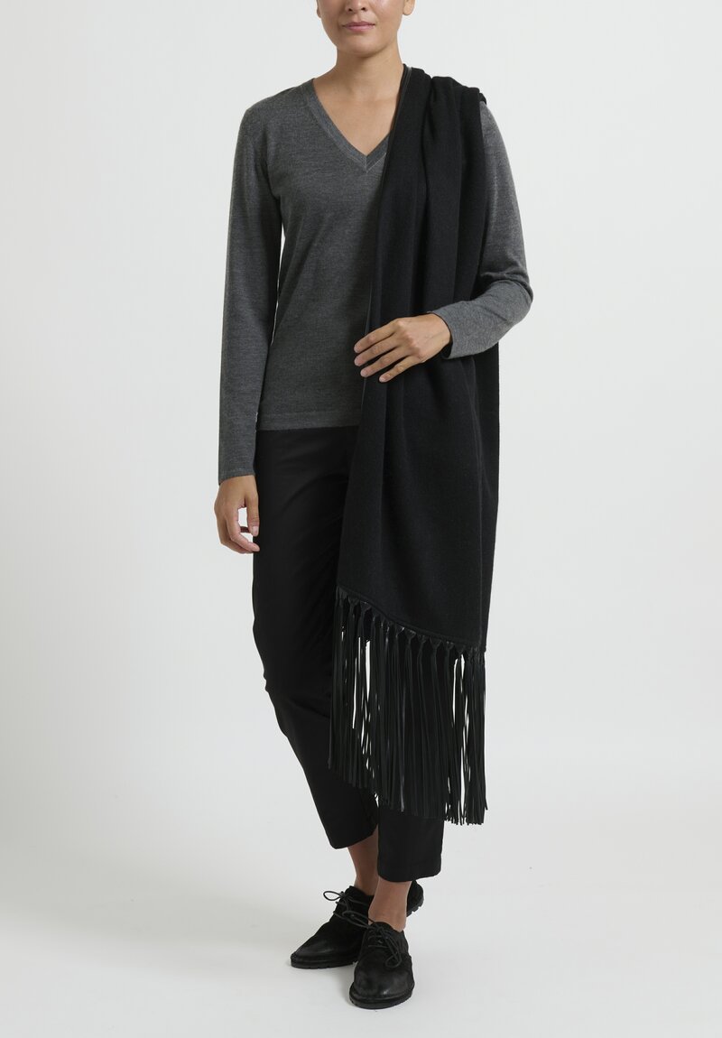 Alonpi Eric Cashmere Scarf with Long Leather Fringe in Black	