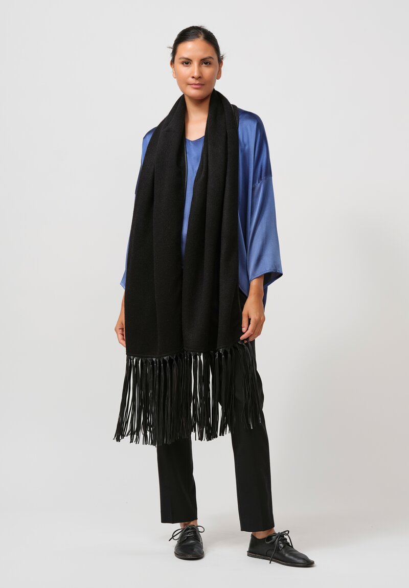 Alonpi Eric Cashmere Scarf with Long Leather Fringe in Black	