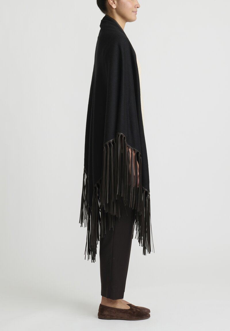 Alonpi Cahsmere ''Mantello Triangolo'' Shawl with Leather Fringe in Black/Brown	