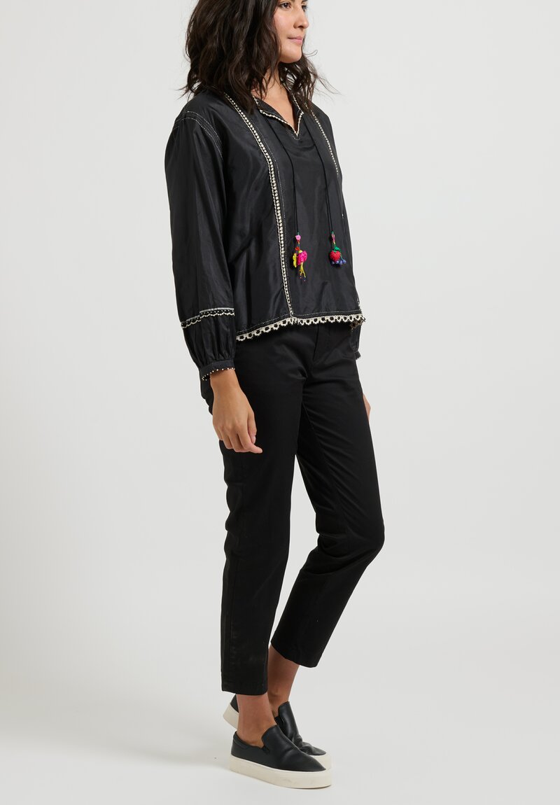 Péro Silk Top with Crochet Details in Black	