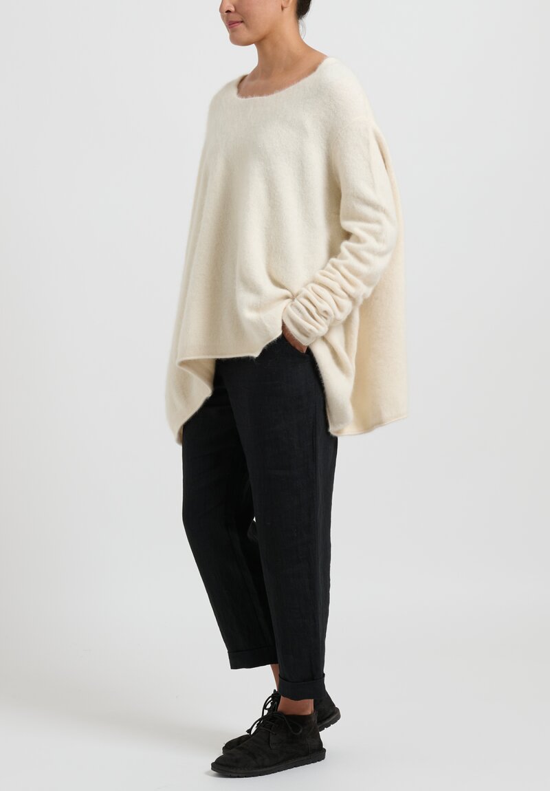 Rundholz Raccoon Hair Long Crewneck Sweater in Ivory White	