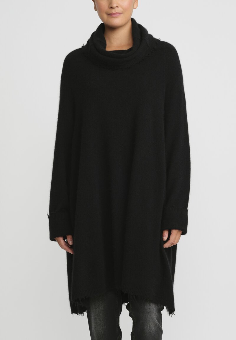 Rundholz Dip Merino Wool and Raccoon Cowl Neck Tunic in Black	