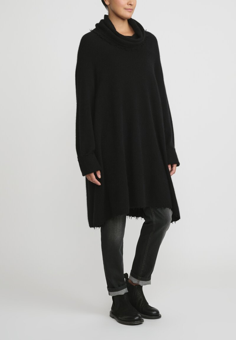 Rundholz Dip Merino Wool and Raccoon Cowl Neck Tunic in Black	