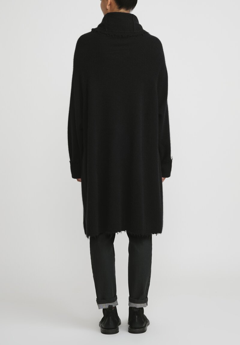 Rundholz Dip Merino Wool and Raccoon Cowl Neck Tunic in Black	