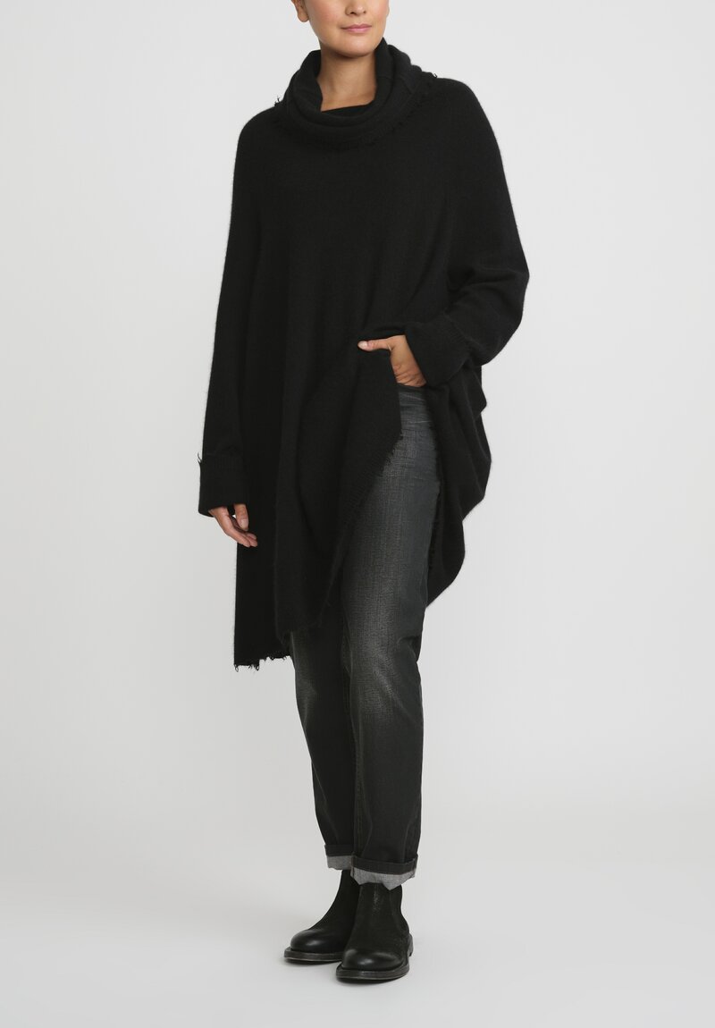 Rundholz Dip Merino Wool and Raccoon Cowl Neck Tunic in Black	