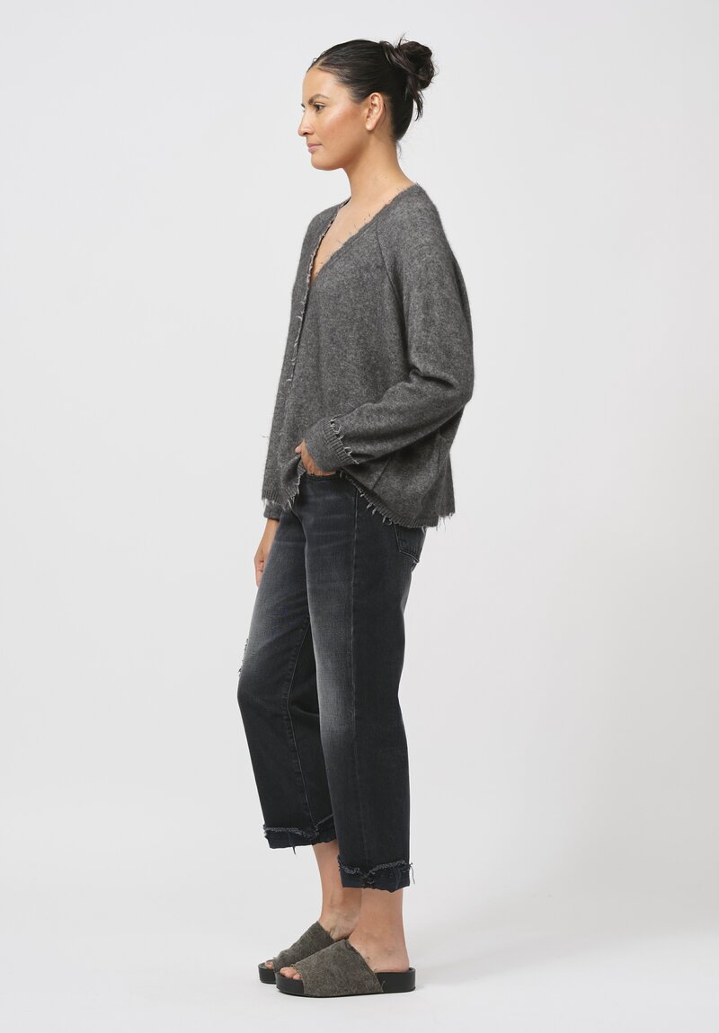 Rundholz Dip Merino Wool and Raccoon Hair V-Neck Cardigan in Grey Melange	