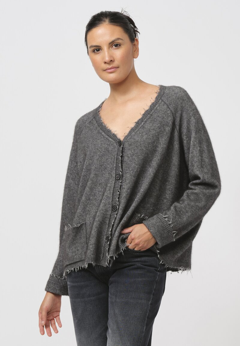 Rundholz Dip Merino Wool and Raccoon Hair V-Neck Cardigan in Grey Melange	