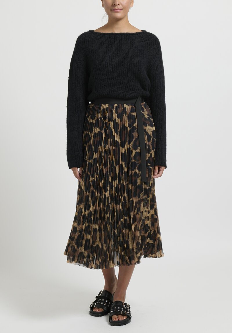 Sacai Leopard Print Pleated Wrap Skirt in Black and Brown	