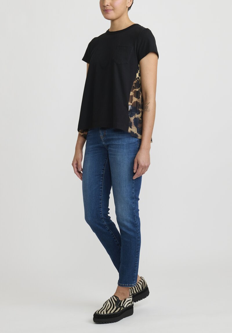 Sacai Leopard Print Pleated Back T-Shirt in Black and Brown	