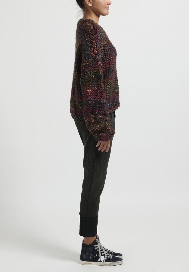 Umit Unal Hand Knit Multi-Yarn Sweater in Original Black & Maroon Red Multi	