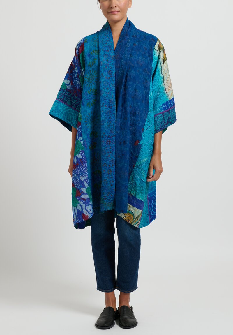 Mieko Mintz 4-Layer Jacquard Silk 3/4 Sleeve A-Line Duster in Teal & Cobalt Blue	