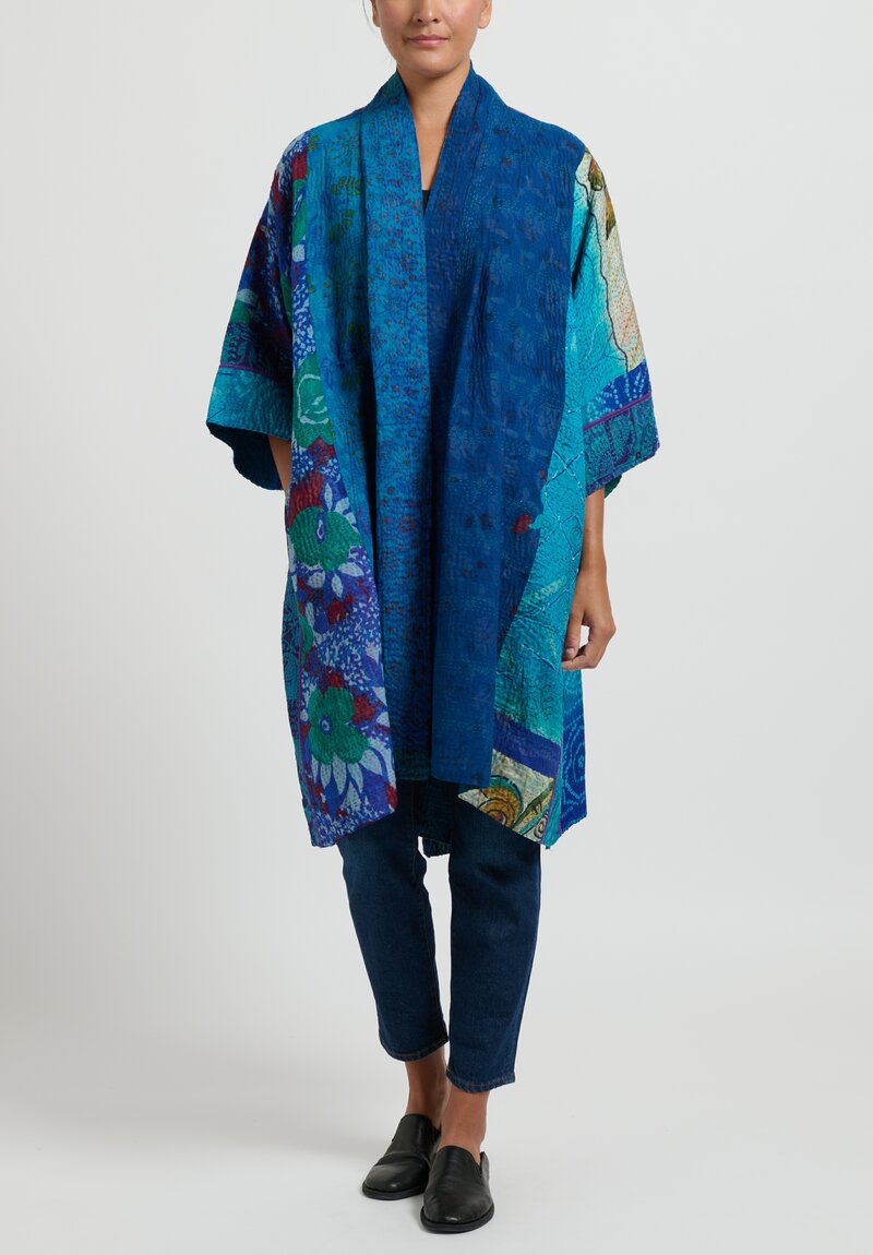 Mieko Mintz 4-Layer Jacquard Silk 3/4 Sleeve A-Line Duster in Teal & Cobalt Blue	