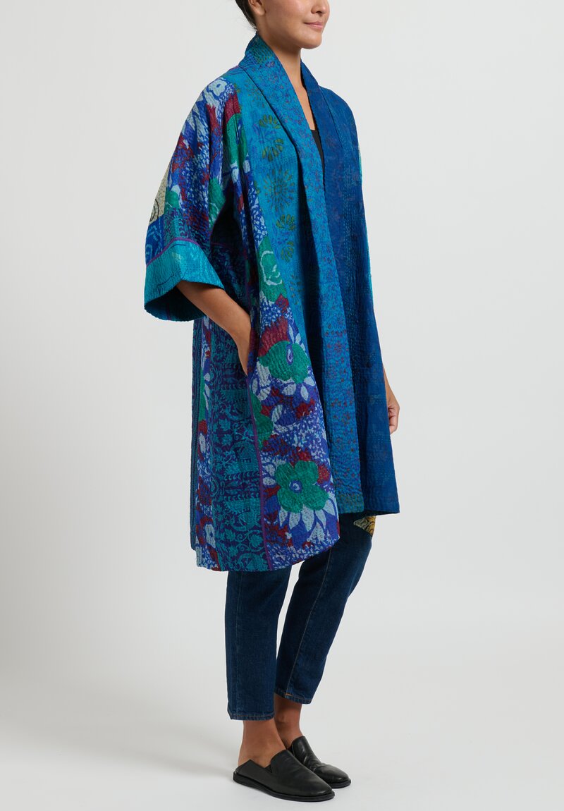 Mieko Mintz 4-Layer Jacquard Silk 3/4 Sleeve A-Line Duster in Teal & Cobalt Blue	