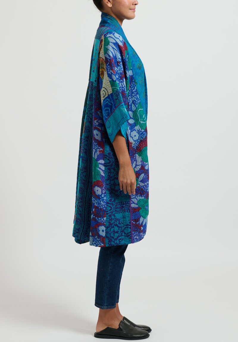 Mieko Mintz 4-Layer Jacquard Silk 3/4 Sleeve A-Line Duster in Teal & Cobalt Blue	