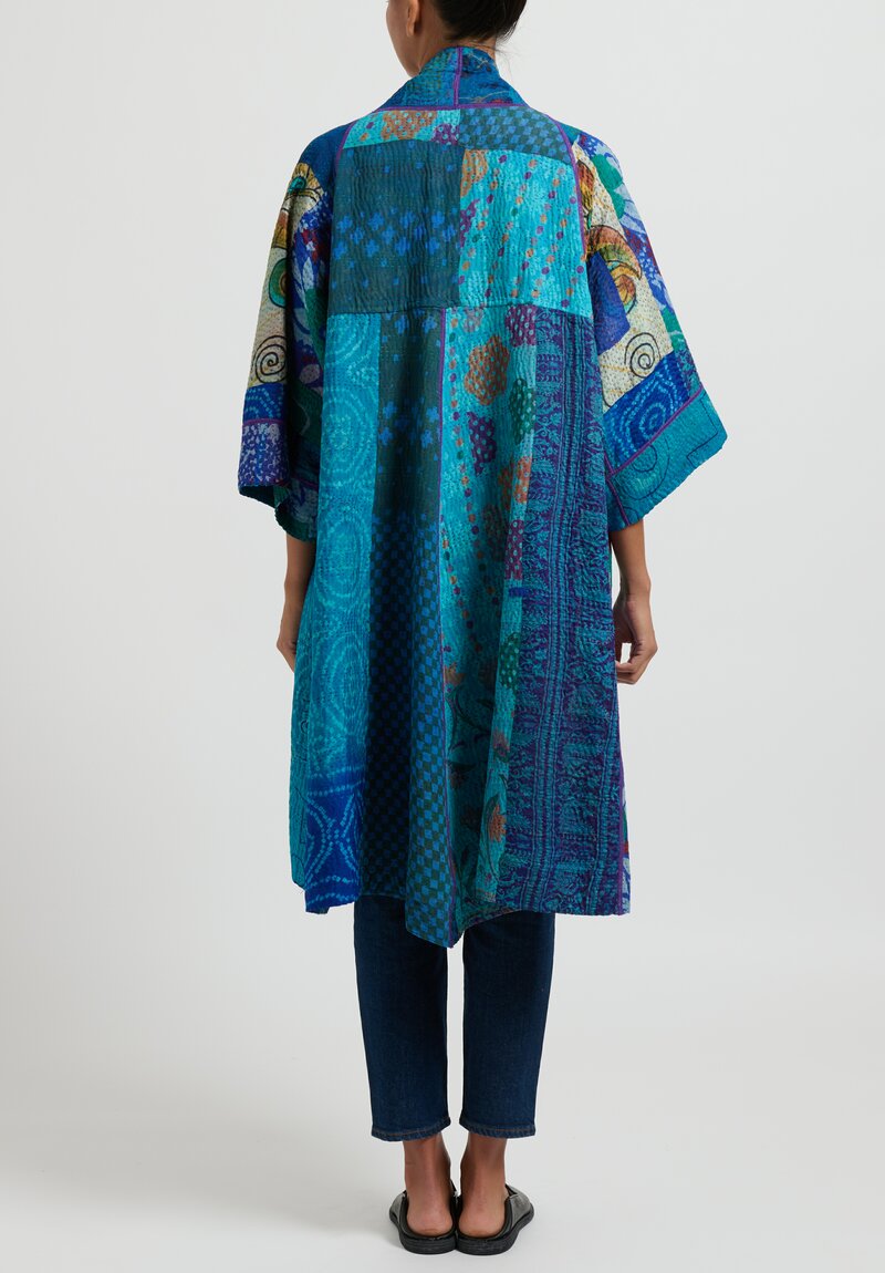 Mieko Mintz 4-Layer Jacquard Silk 3/4 Sleeve A-Line Duster in Teal & Cobalt Blue	