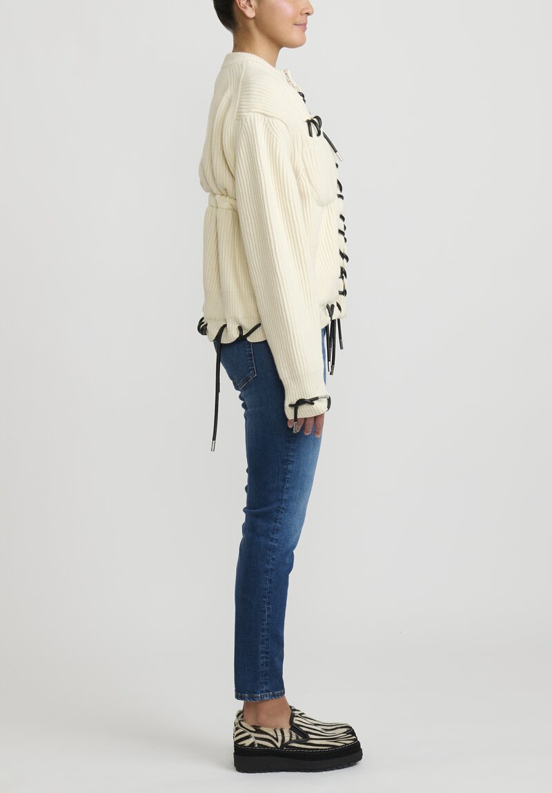 Sacai Knitted Blouson with Faux Leather Cord Threading in White