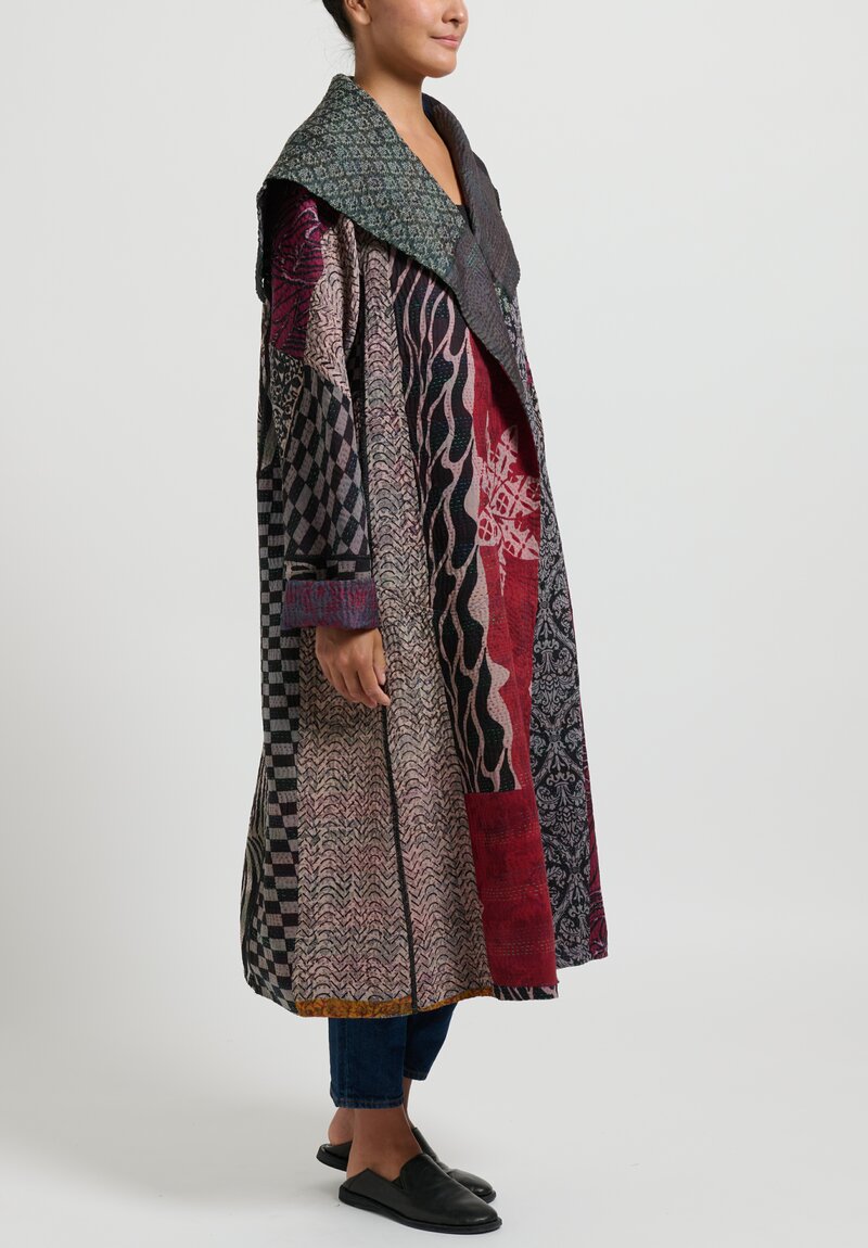 Mieko Mintz 4-Layer Jacquard Silk Long A-Line Coat in Black and Red	