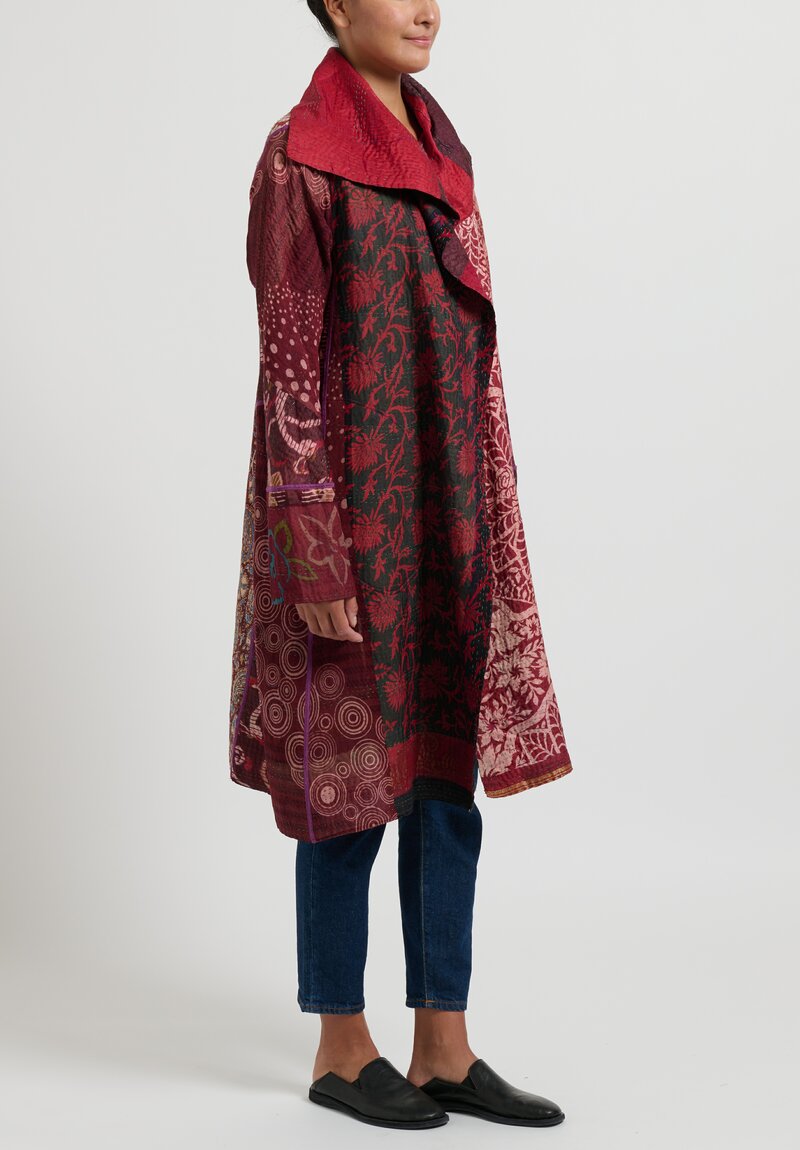 Mieko Mintz 4-Layer Jacquard Silk Kantha A-line Coat in Sangria Red	