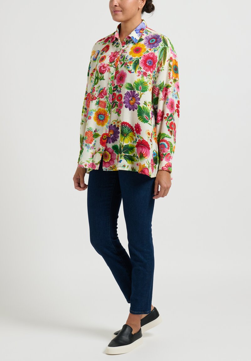 Pero Wool Fruit and Floral Print Shirt in White and Pink	