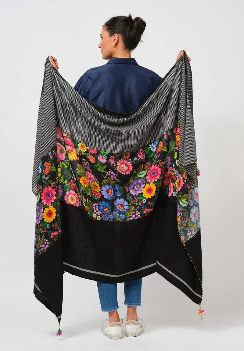 Péro Floral and Checkered Shawl in Black and White Multi	