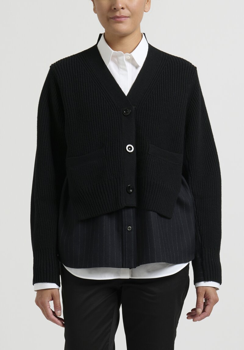 Sacai Chalk Pinstripe and Wool Knit Cardigan in Black & Navy