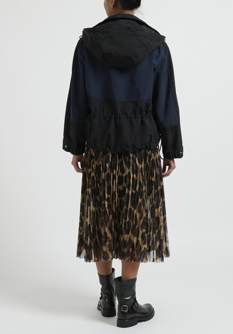 Sacai Grosgrain Blouson Hooded Jacket in Black & Navy	