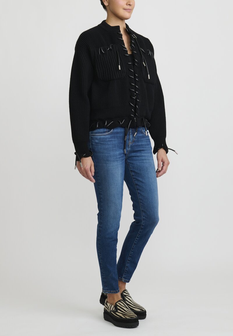 Sacai Knitted Blouson with Faux Leather Cord Threading in Black	