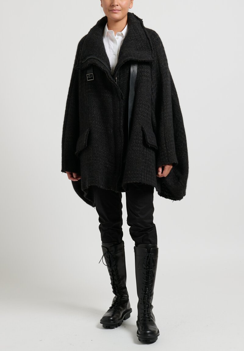 Rundholz Dip Knit Coat with Leather Banded Collar in Black Houndstooth	