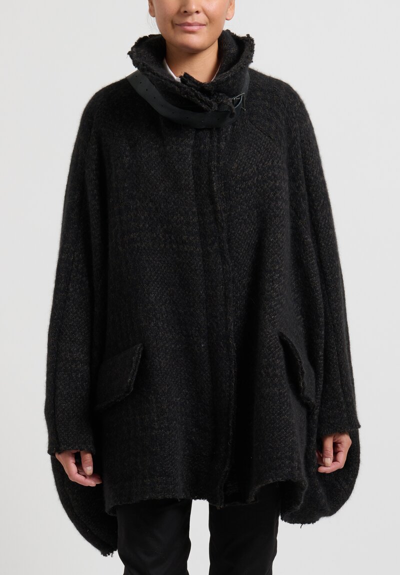 Rundholz Dip Knit Coat with Leather Banded Collar in Black Houndstooth	