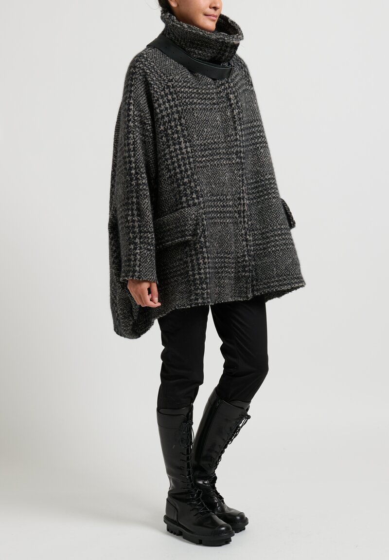 Rundholz Dip Knit Coat with Leather Banded Collar in Grey Houndstooth	