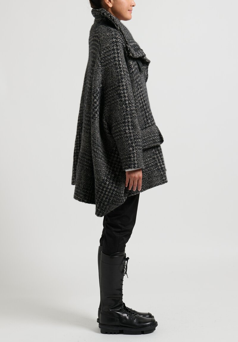 Rundholz Dip Knit Coat with Leather Banded Collar in Grey Houndstooth	