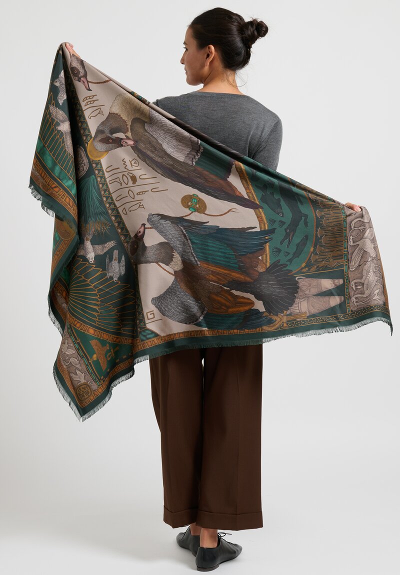 Sabina Savage Silk Twill Heralds of Horus Scarf Papyrus, Parchment White on Green	