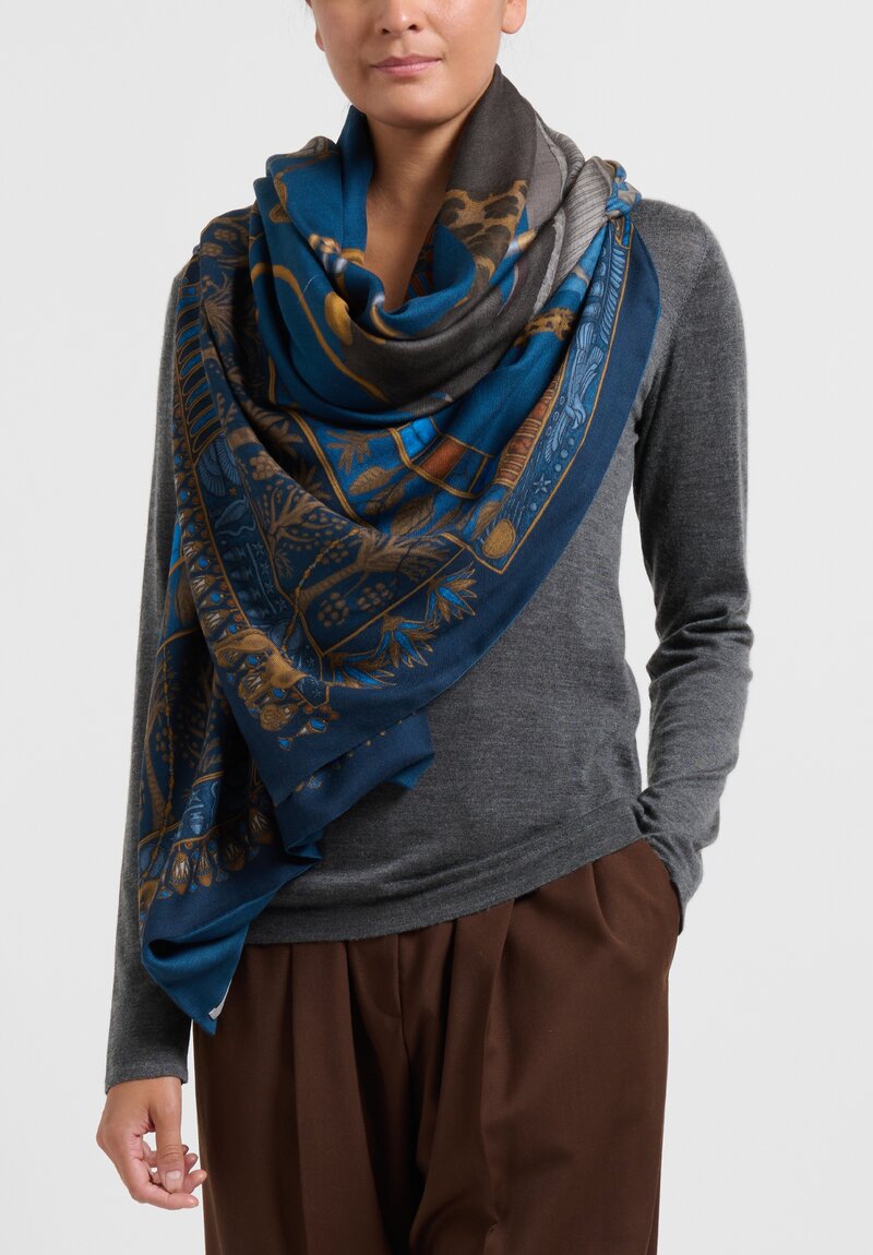 Sabina Savage Cashmere Backed Ode to Anubis Scarf Lapis Blue, Nile Green	