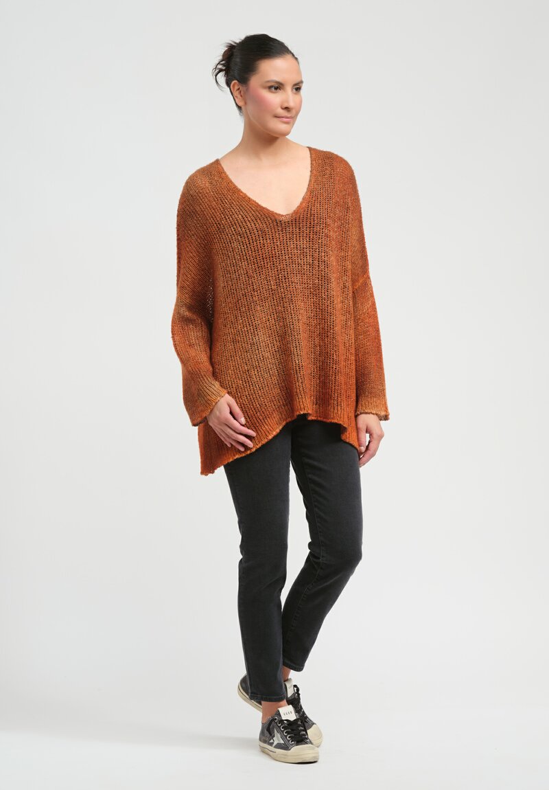 Avant Toi Hand-Painted Loose Knit V-Neck Sweater in Nero Corten Orange	