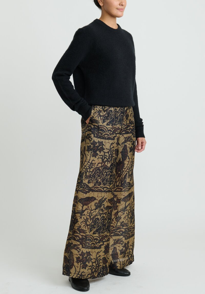 Biyan Batik Print Silk Organza ''Fienna'' Pants in Navy Blue & Golden Brown	